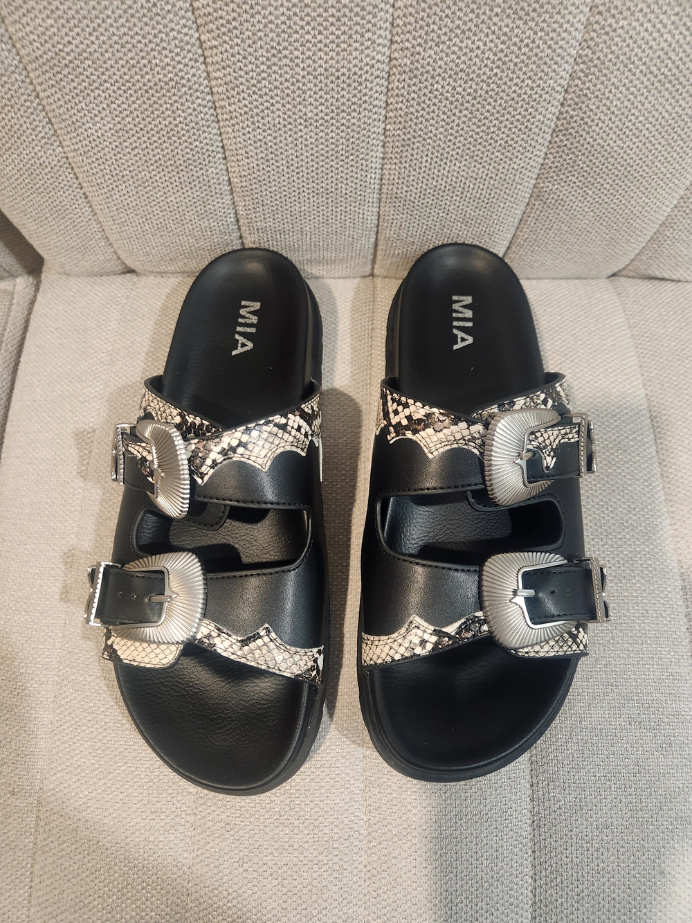 MIA Black Slide Sandals with Snake-Print Trim